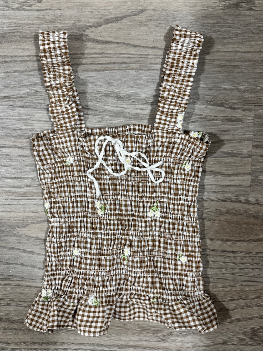 Women’s Brown Gingham Smocked Tank Top with Floral Embroidery